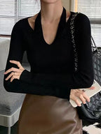 Solid V Neck Halter Long Sleeve Knit