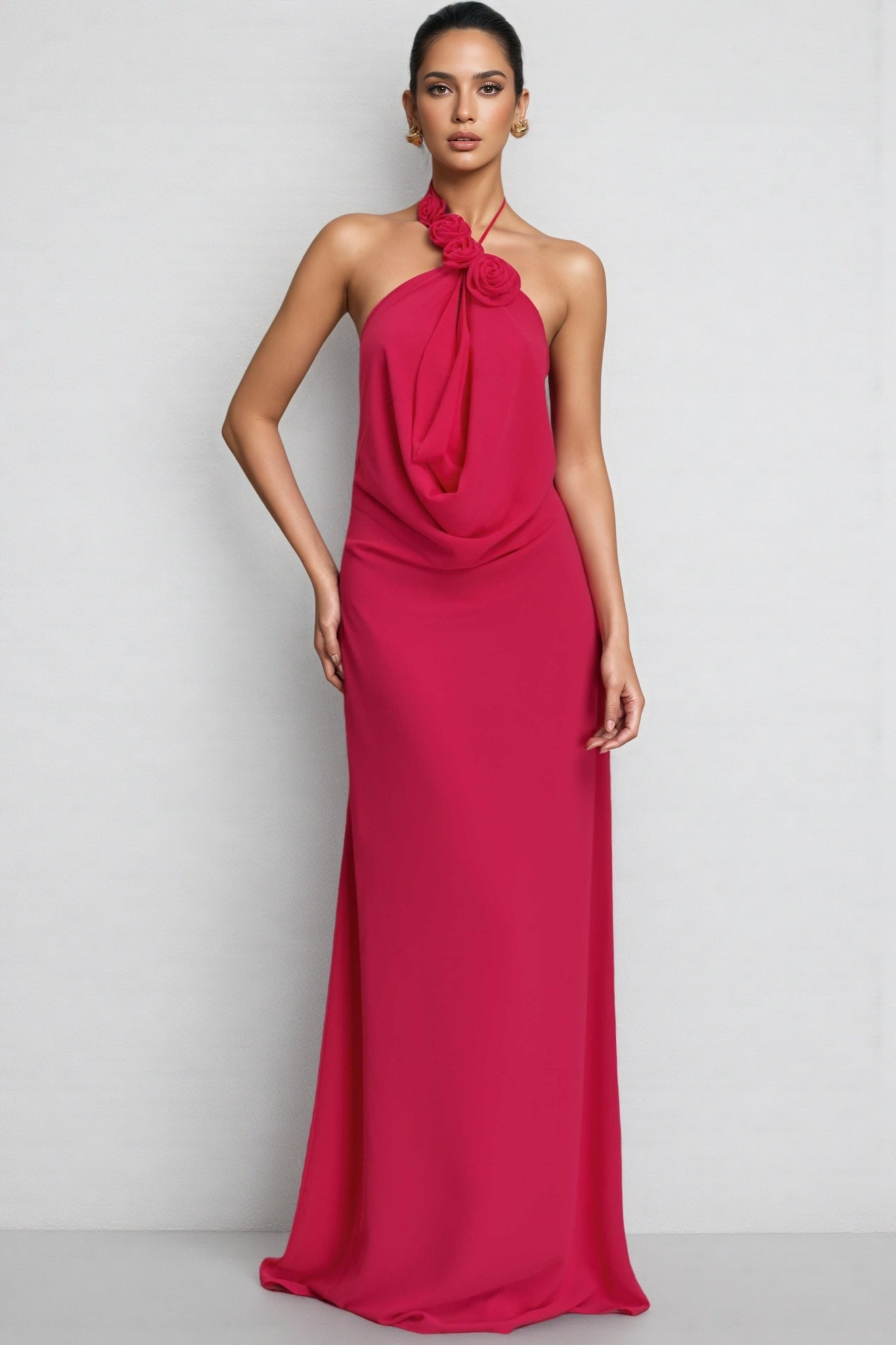 Penel Cowl Neck 3D Flower Maxi Dress