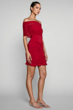 Elisd Red Slinky Mesh Off Shoulder Mini Dress
