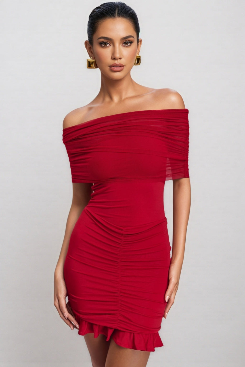 Elisd Red Slinky Mesh Off Shoulder Mini Dress