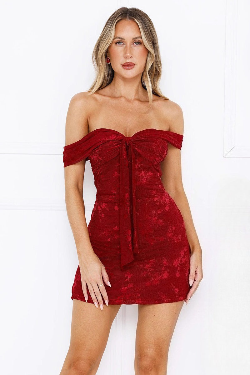 Red Jacquard Mesh Strapless Dress