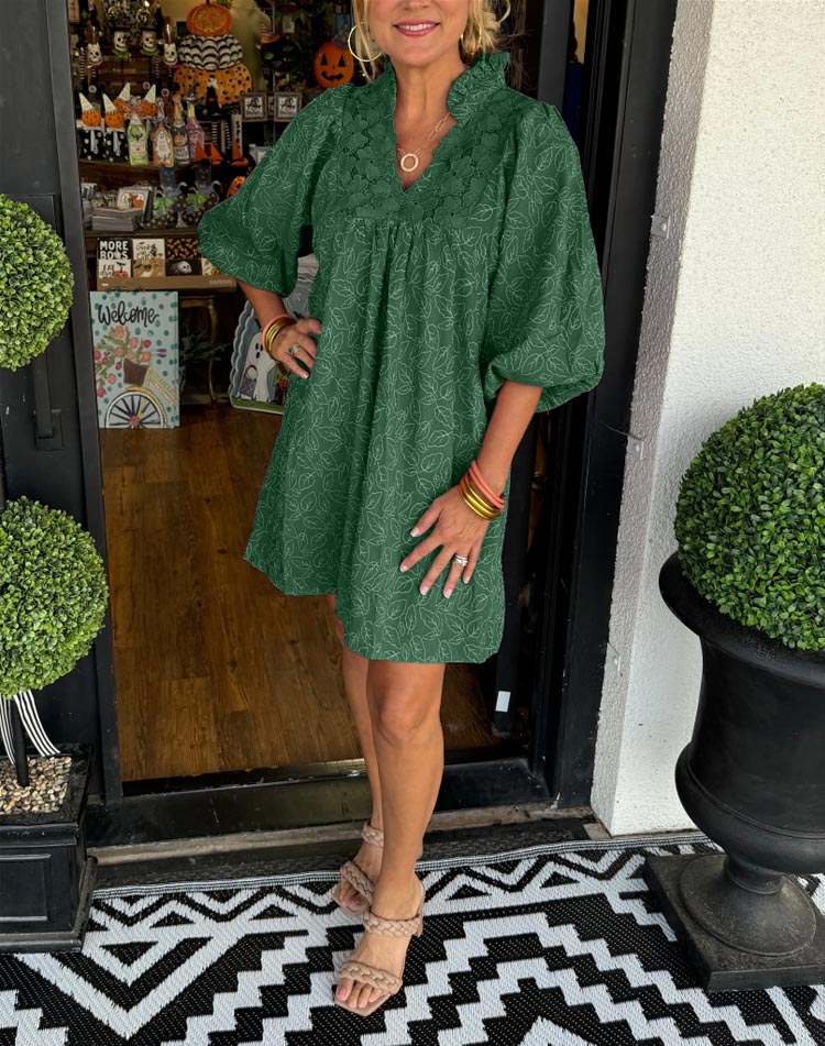 Puff Sleeve V-Neck Ruffle Collar Eyelet Yoke Tiered Mini Dress