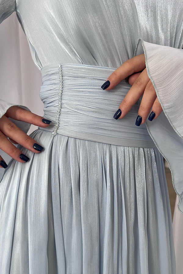 Mock Neck Long Sleeve Pleated Waistband Flowy Maxi Dress