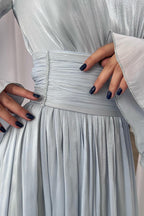 Mock Neck Long Sleeve Pleated Waistband Flowy Maxi Dress