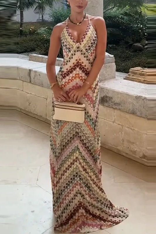 Contrast Color V-Neck Boho Dress