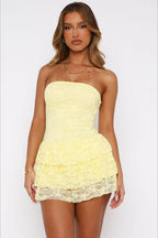 Floral Lace Strapless Tiered Ruffle Hem Romper