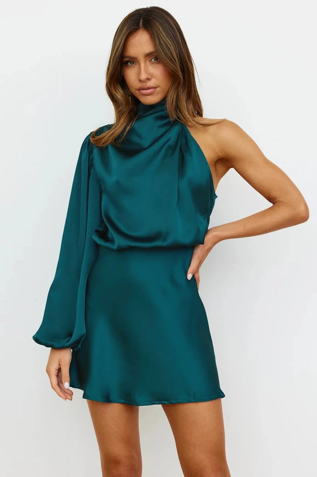 Satin One Shoulder Cowl Neck Bishop Sleeve A-Line Mini Dress