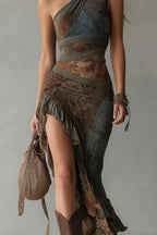 Unique Patchwork Print One-shoulder Sleeveless Fitted Asymmetrical Maxi Dress