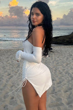 Strapless Ruched Drawstring High Split Bodycon Mini Dress