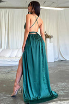 Satin V-Neck Waist-Cinching Split Dress Party Dress