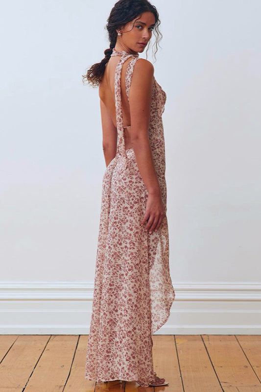 Red Spaghetti Strap Backless Ditsy Floral Print A-Line Maxi Dress