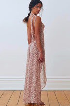 Red Spaghetti Strap Backless Ditsy Floral Print A-Line Maxi Dress