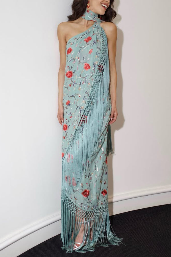 Floral Print Halter Neck Sleeveless Elegant Tassel Maxi Dress