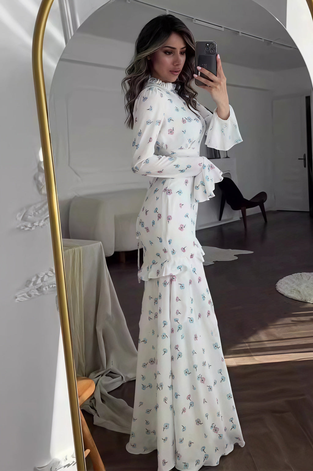 White Mock Neck Long Sleeve Bell Cuff Tiered Ruffle Ditsy Floral Maxi Dress