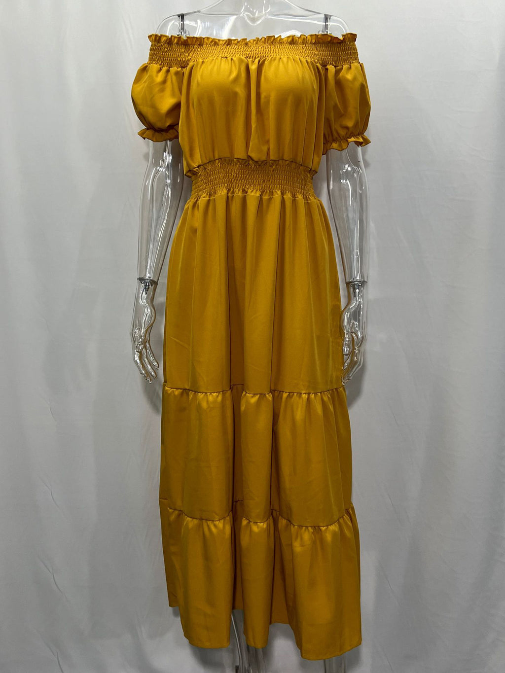 Off Shoulder Smocked Maxi Dress For Women - Boho Tiered A-Line Beach Gown with Puffy Sleeves - Summer Vacation 2026
