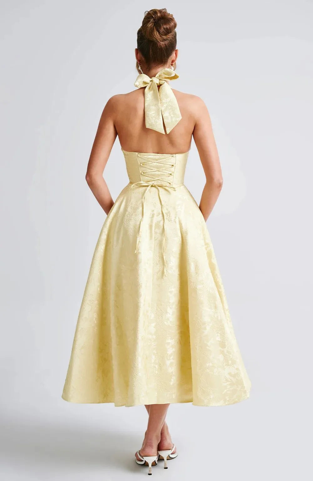 Vintage Jacquard Midi Dress with Halter Neck