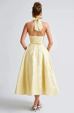 Vintage Jacquard Midi Dress with Halter Neck