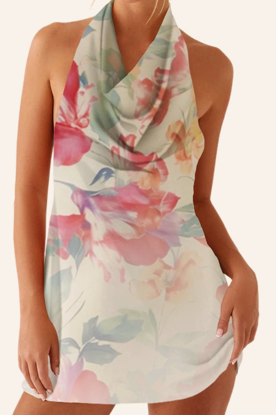 Floral Print Halter Neck Cowl Neck Backless Mini Dress