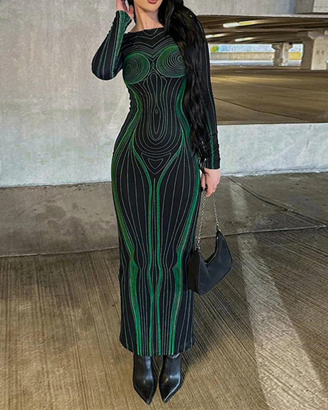 Graphic Contour Print Long Sleeve Crew Neck Bodycon Maxi Dress