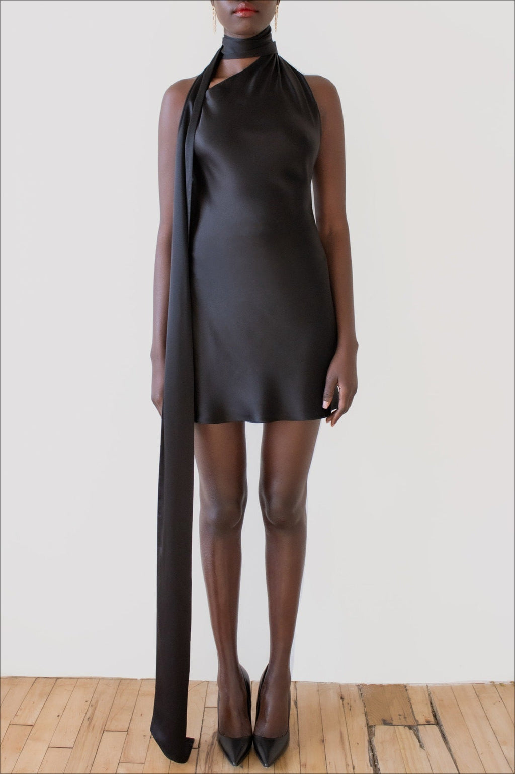 Halter Neck Sash Scarf Draped Satin Backless Mini Dress