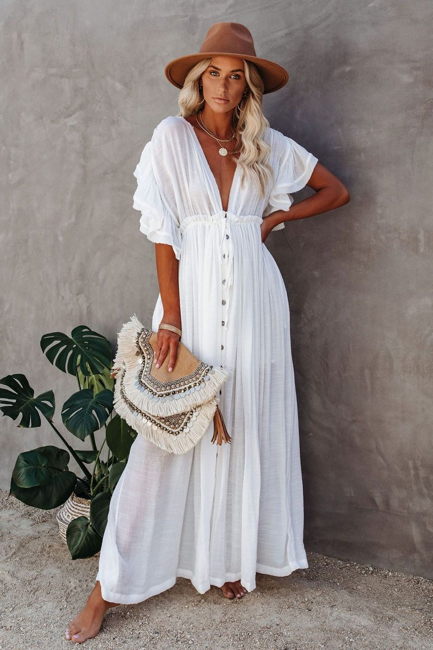 Deep V Neck Ruffle Sleeve Drawstring Waist Button Front Pocket Maxi Dress