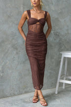 Mesh Panel Twist Front Sweetheart Cut Out Ruched Maxi Dress