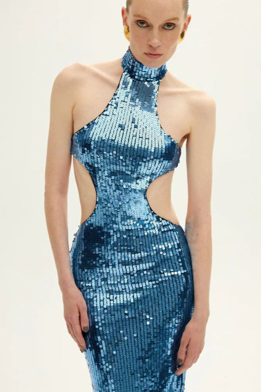 Sequin Halter Neck Waist Cut Out Bodycon Mini Dress