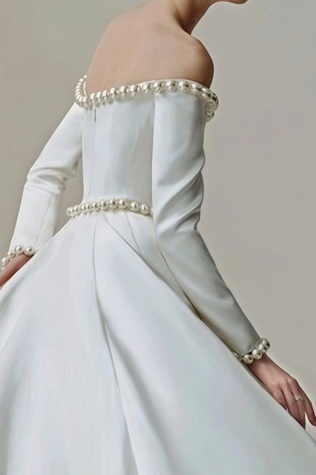 Vintage Satin Pearl Long Sleeve Off Shoulder Wedding Dress