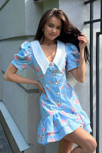 Oversized Collar Puff Sleeve Pearl Button Ruffle Tier Hem Floral Print Mini Dress