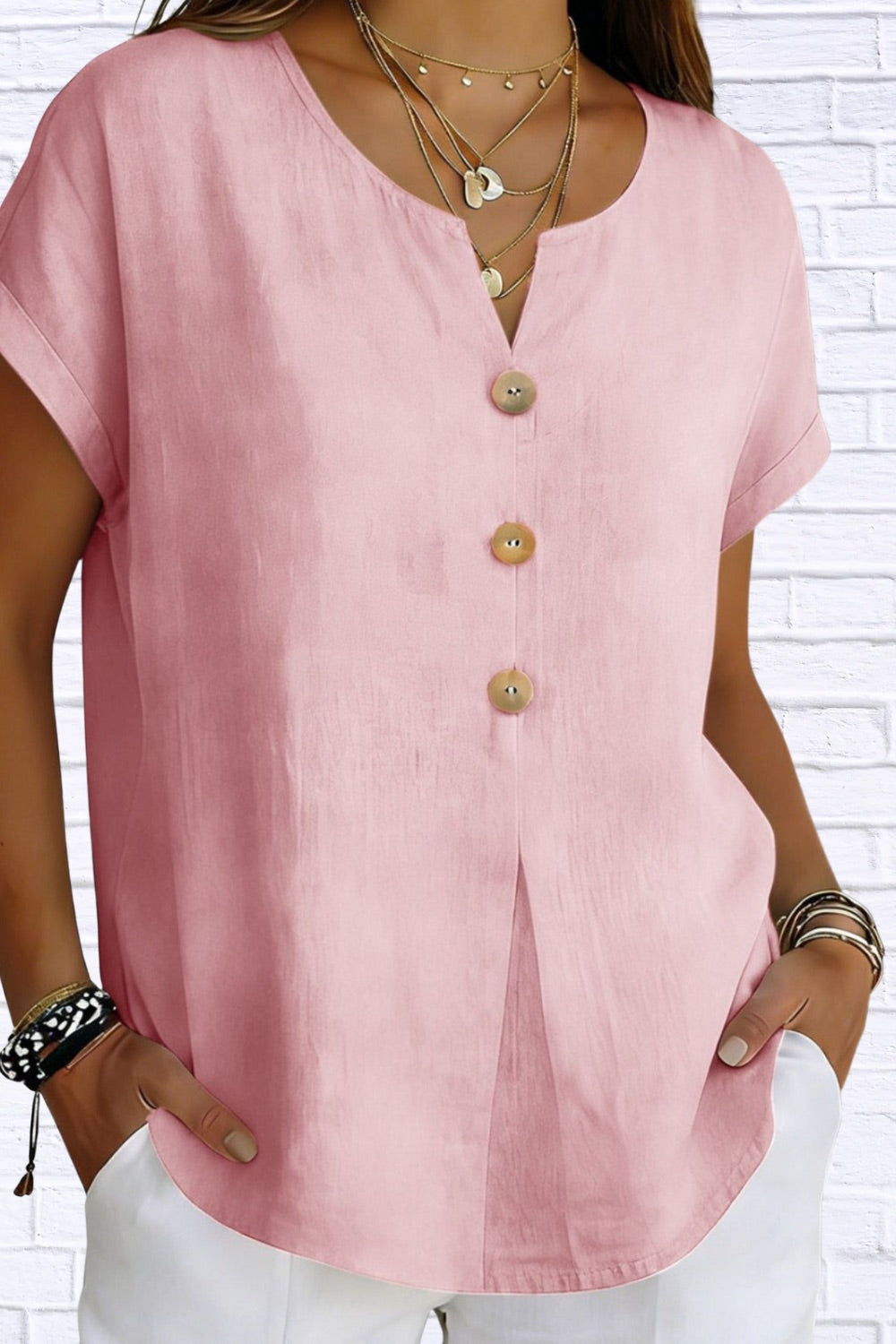 Decor Button Short Sleeve Blouse | Elegant Women__ Top