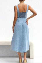 Distressed Button Down Pocketed Denim A-line Midi Cami Dress