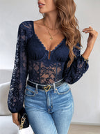 Openwork Lace V-neck Lace Trim Tight-fitting Base Layer Bodysuits