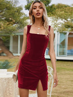 Velvet Slit Square Collar Hip Mini&Short Dresses