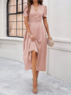 Pleated Waist Short Sleeve Maxi Dresses