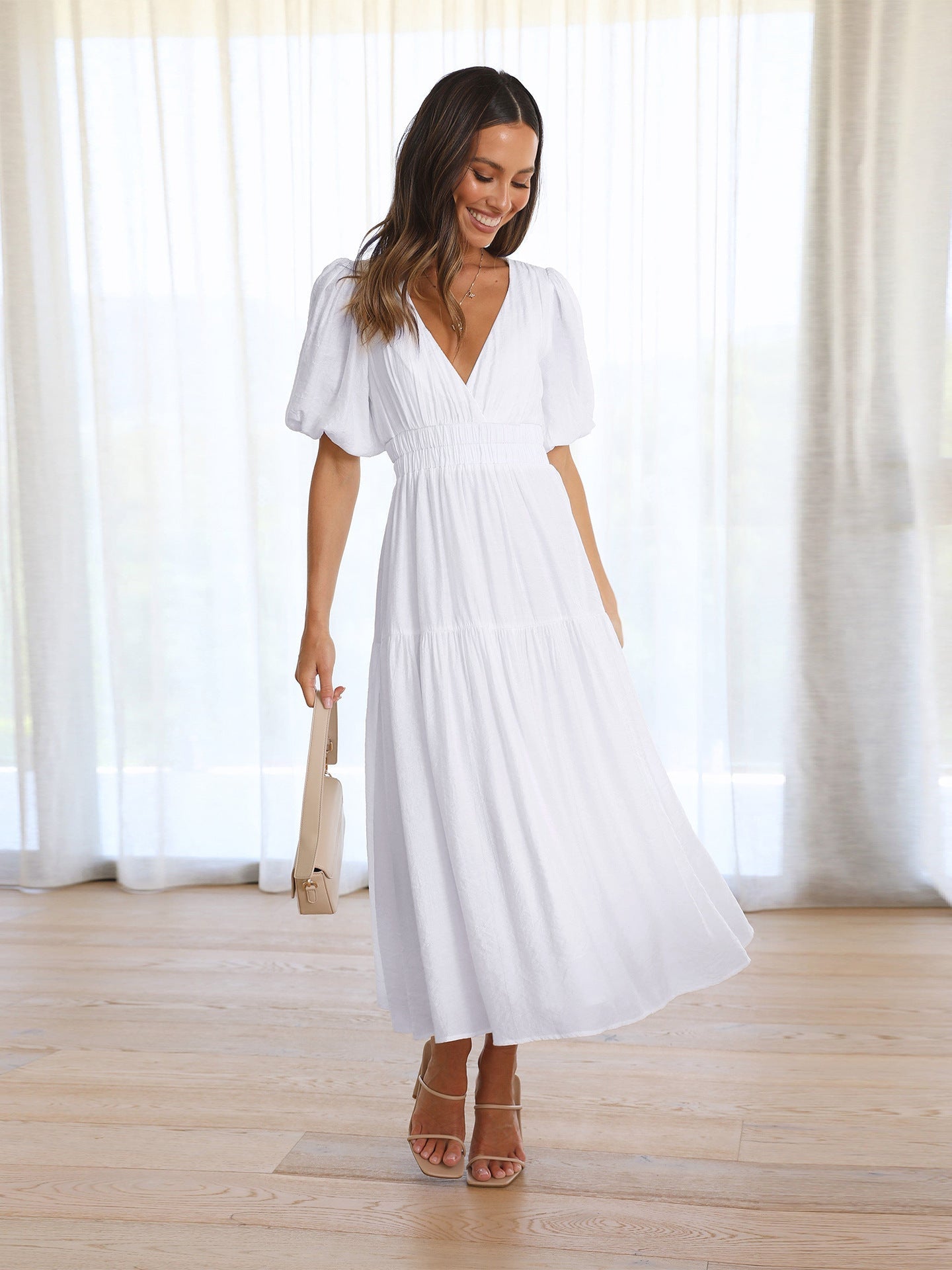Nancy Chic V Neck Dress with Puff Sleeves Silhouette Collection