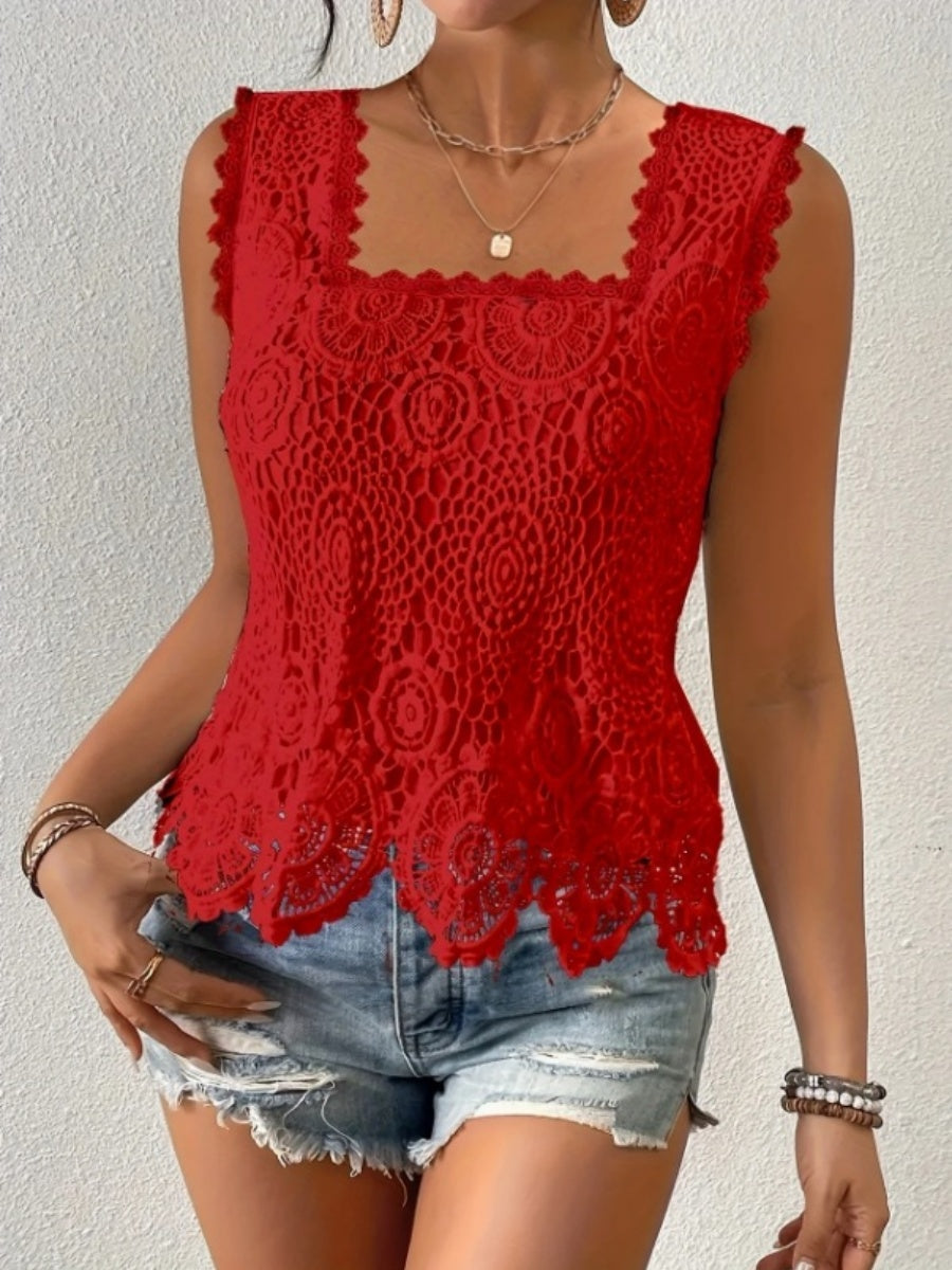 Square Neck Heavy-duty Crochet Openwork Flower Tank Top