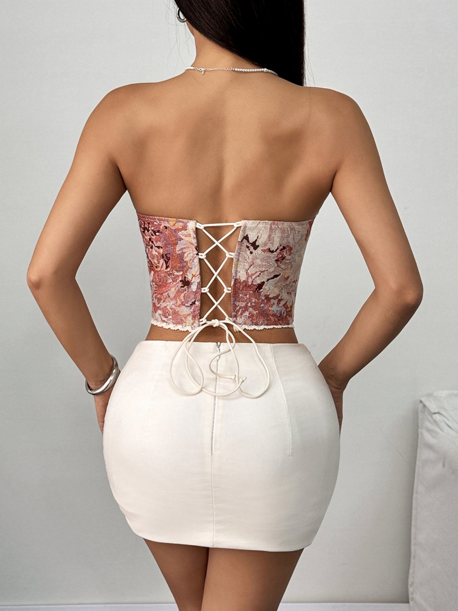Floral Print Strapless Lace Tethered Fish Bones Strapless Bra