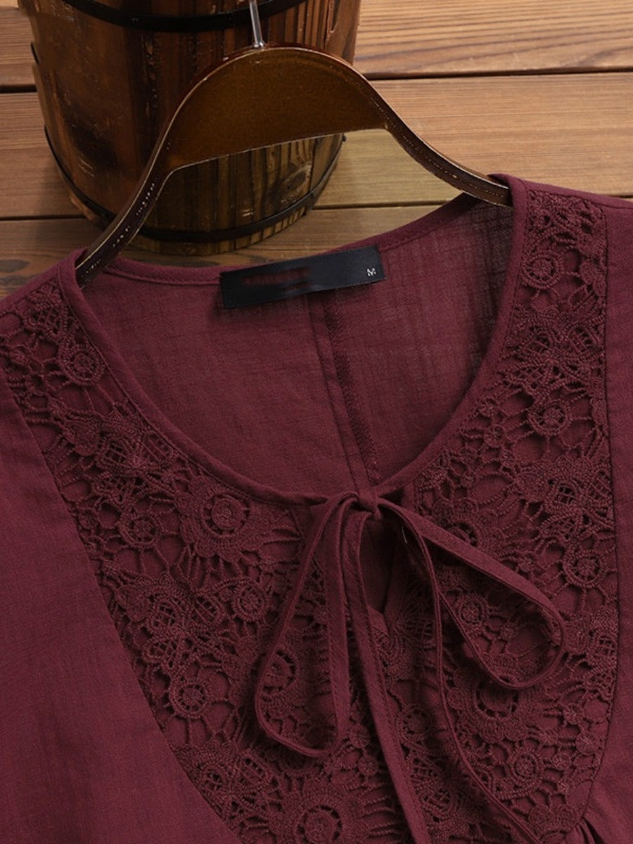 Tie-up Cotton And Linen Patchwork Lace Three-quarter Sleeve T-shirt