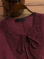 Tie-up Cotton And Linen Patchwork Lace Three-quarter Sleeve T-shirt