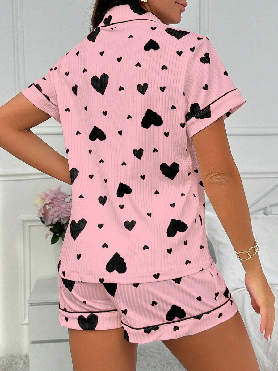 Heart-print Cardigan With Collar And Button-down Short Sleeves And Shorts, Two-piece Loungewear Set