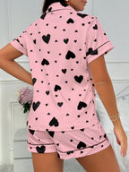 Heart-print Cardigan With Collar And Button-down Short Sleeves And Shorts, Two-piece Loungewear Set