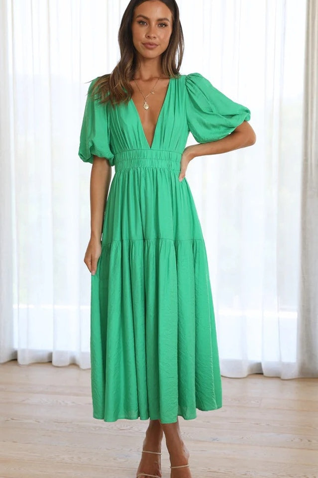 Deep V-Neck Smocked Waist Puff Sleeve Tiered Midi Dress