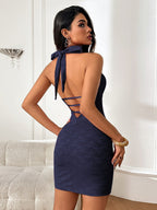 Lace Cutout Backless Halter Neck Bodycon Short Dress