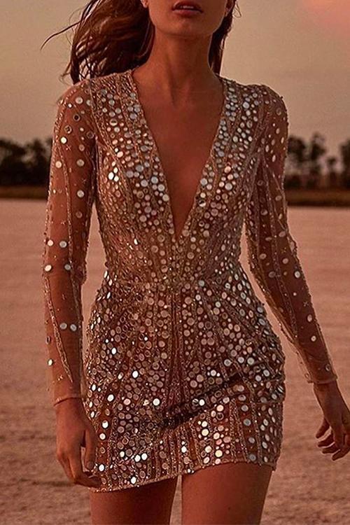 Deep V Neck Mesh Sleeve Mini Sequin Club Dress