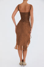 Crew Neck Ruched Mesh Bodycon High Slit Tiered Ruffle Hem Midi Dress