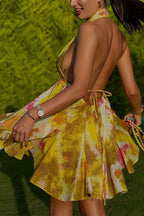 Deep V Neck Halter Backless Printed Mini Vacation Dress