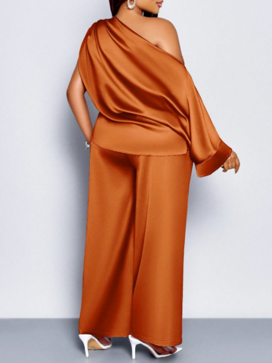 Satin Sloping Shoulders Short Sleeve Jacket Wide-leg Pants Set 2-piece Sets