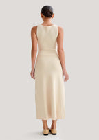 Ribbed Knit Contrast Trim Button Front Pocket Flap Sleeveless Midi Dress