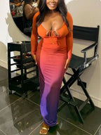 Deep V Gradient Backless Hip-hugging Sexy Stretch Maxi Dresses