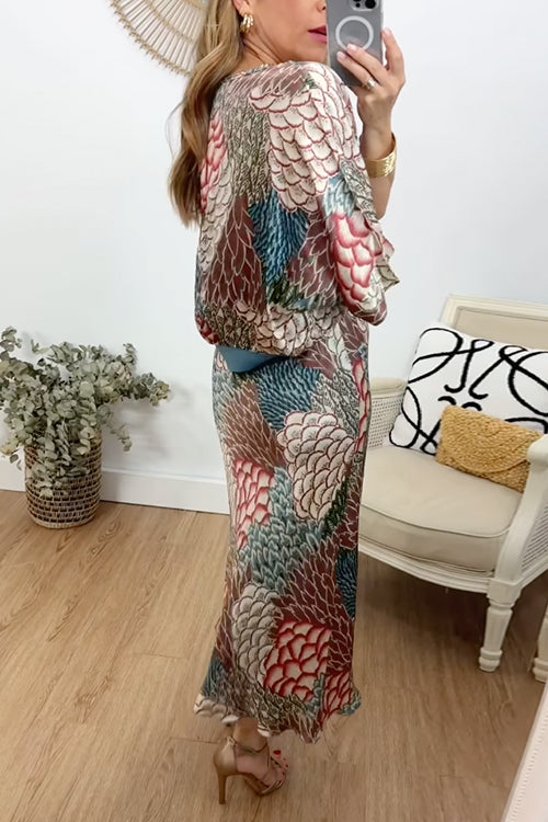 3/4 Sleeves Button Up Top and High Waist Maxi Skirt Printed Set